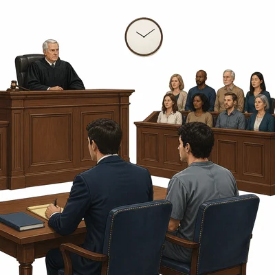 A courtroom with a judge, defendant, defense lawyer, jury, and blank clock.