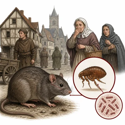 A medieval town with a rat, flea, and bacteria representing the Black Death.