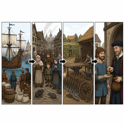 A four-panel sequence showing ships arriving, plague in cities, worker shortages, and wages rising.