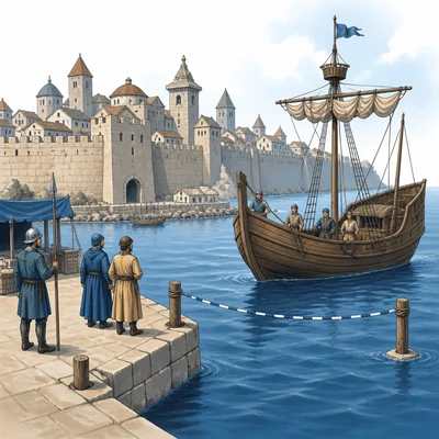 A ship held offshore near a medieval port to show quarantine.