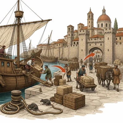 A busy medieval port city where ships, cargo, and rats move into town.
