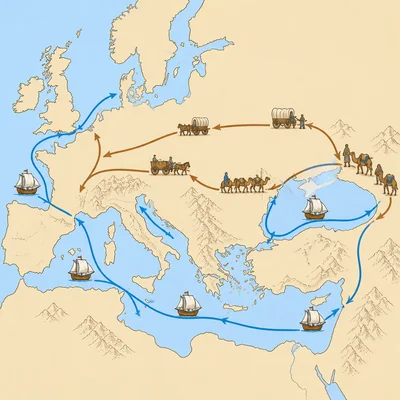 A simplified map showing trade routes carrying ships and caravans toward Europe.
