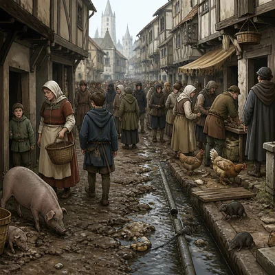 A crowded medieval street with poor sanitation, animals, and rats.