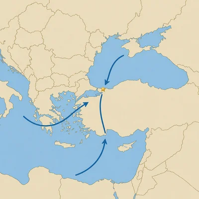 Unlabeled map highlighting Constantinople’s strategic position on a strait between seas.