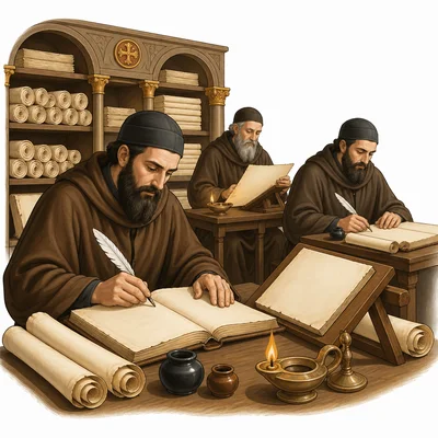 Scholars copying ancient manuscripts in a Byzantine library.