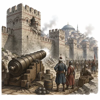 Siege scene with Constantinople’s walls, a cannon, and a domed skyline.
