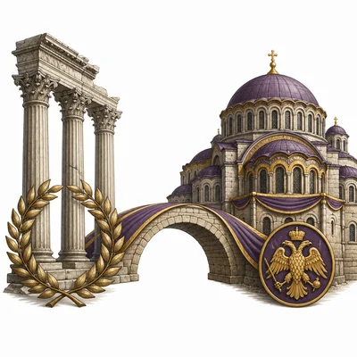 Roman columns connected to a Byzantine domed building, showing historical continuity.