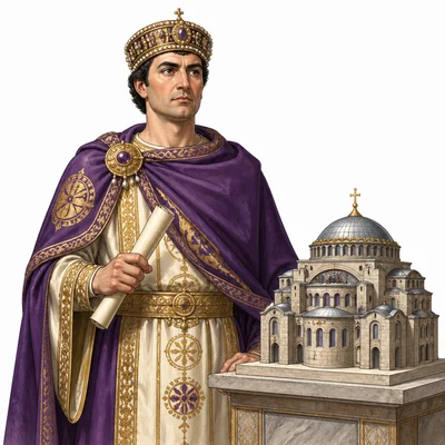 Emperor Justinian holding a scroll beside a model of a domed church.
