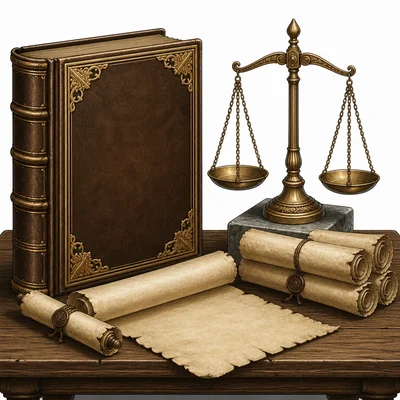 A blank ancient law book, scrolls, and scales symbolizing Justinian’s Code.