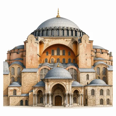 Illustration of the Hagia Sophia with its large central dome and arches.