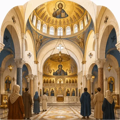 Byzantine church interior with worshippers under a domed ceiling.