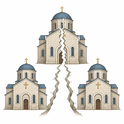 A single church splitting into two buildings, symbolizing the Great Schism.