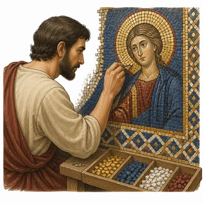 Artist creating a Byzantine mosaic from small colored tiles.