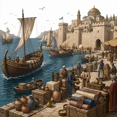 Merchant ships and traders at Constantinople’s harbor on a strategic waterway.
