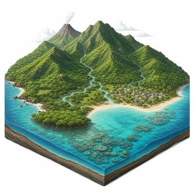 Caribbean island with mountains, rivers, beaches, reef, and a village near the coast.