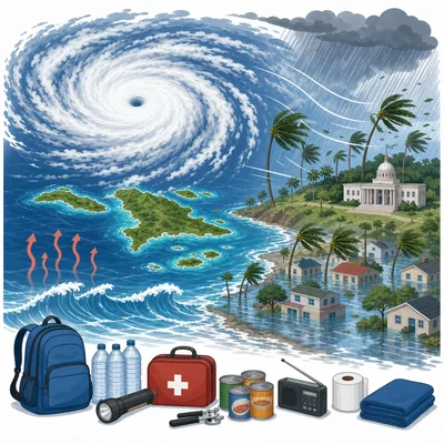 Hurricane over ocean affecting a Caribbean island with wind, rain, waves, and flooding.