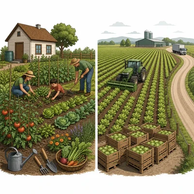 Side-by-side farms showing a small mixed-crop garden and a large single-crop commercial field.