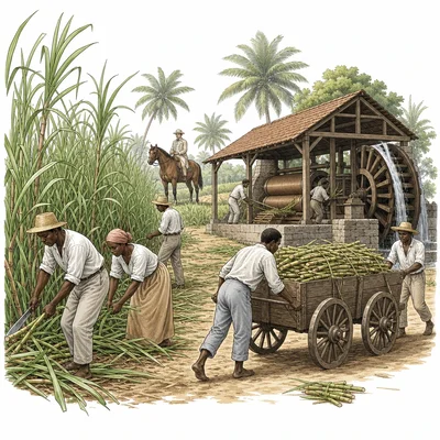 Historical sugar plantation with sugarcane fields, a mill building, carts, and workers.
