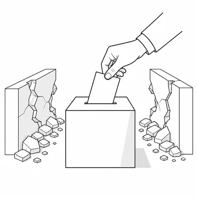 A hand placing a ballot into a box with broken barriers beside it.