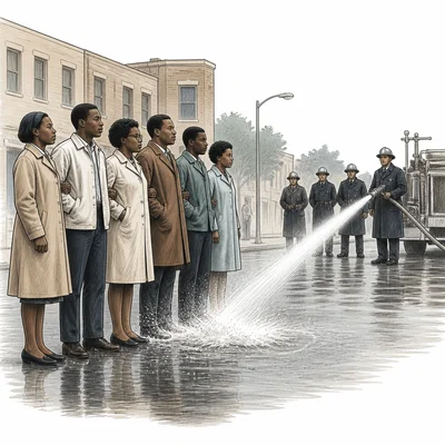 Peaceful demonstrators facing a fire hose during a civil rights protest.