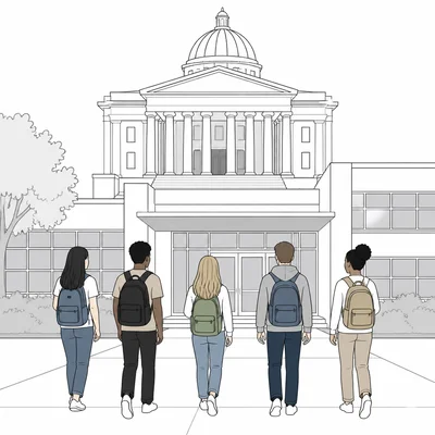 Students of different races entering the same school with a courthouse behind them.