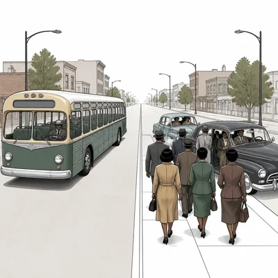 People walking and carpooling past an empty bus to represent a bus boycott.