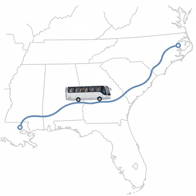 A bus route across a simplified southeastern United States map.