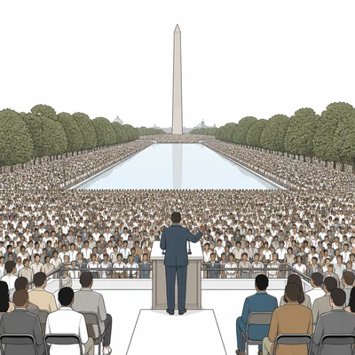 A peaceful crowd gathered before a columned memorial for a major civil rights march.