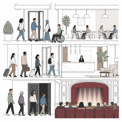 Diverse people entering shared public places such as a restaurant, hotel, and theater.