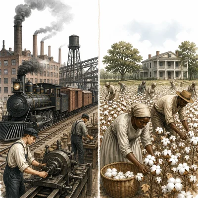 Split scene showing Northern factories and railroads contrasted with Southern cotton plantation labor.