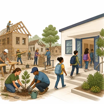 Reconstruction scene showing people rebuilding a town and entering a school.