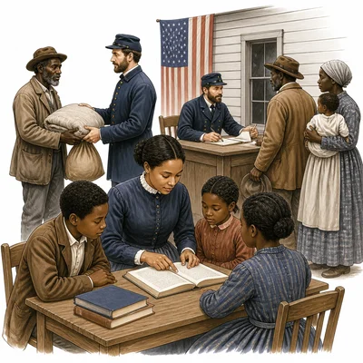 Freedmen's Bureau scene with education and aid for formerly enslaved people.