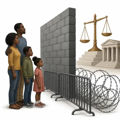 Symbolic image of unfair legal barriers affecting an African American family.