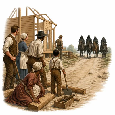 Reconstruction citizens facing intimidation from distant hooded figures.