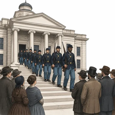 Federal soldiers leaving a Southern statehouse as citizens remain behind.