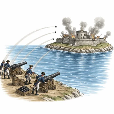 Fort on an island being attacked by cannon fire from the shore.