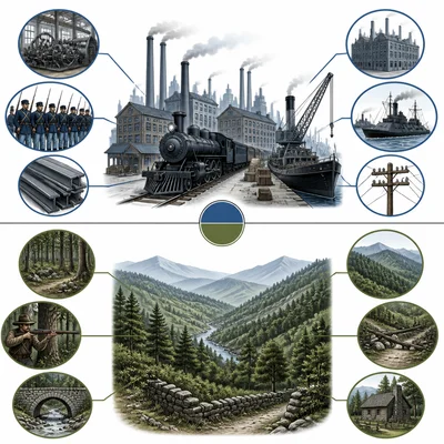 Visual comparison of Northern industrial advantages and Southern defensive terrain advantages.