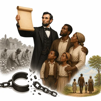 Emancipation scene with a proclamation, broken shackles, and a freed family.