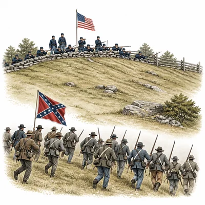 Gettysburg battlefield with defenders on a ridge and soldiers advancing across open ground.