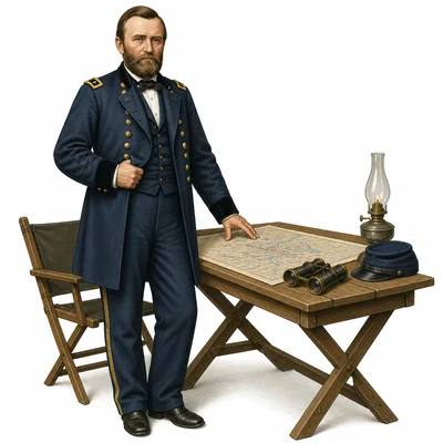 Union General Ulysses S. Grant standing beside a campaign table.