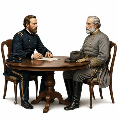 Two Civil War generals meeting at a table to represent the surrender at Appomattox.
