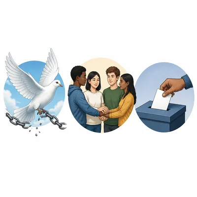 Three symbols showing freedom, equal citizenship, and voting rights.
