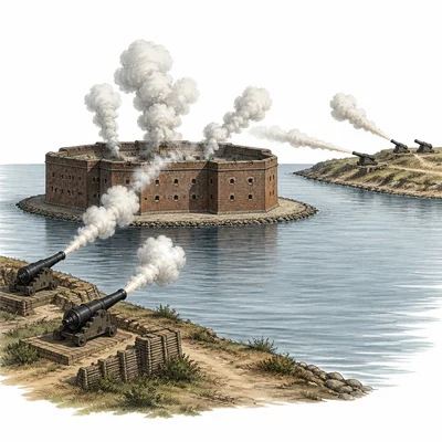 Cannons fire toward an island fort in a harbor.