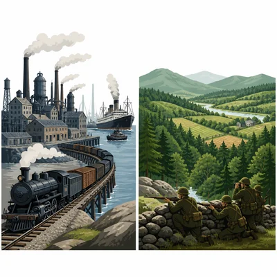 Split image comparing industrial resources with defensive home terrain.