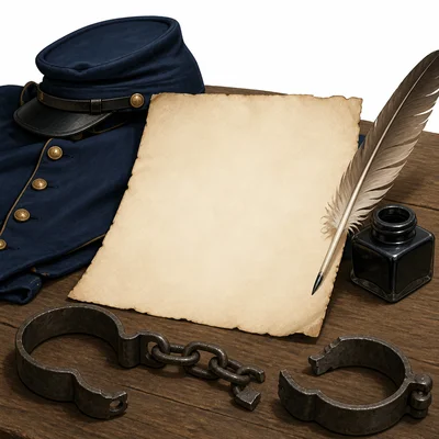 Blank proclamation document with broken shackles and a soldier cap.