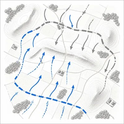 Overhead battlefield map with hills, roads, farms, and opposing troop movement arrows.
