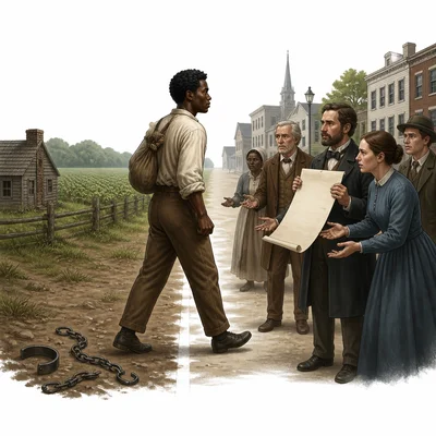A freedom seeker crosses a boundary while citizens react to a blank legal document.