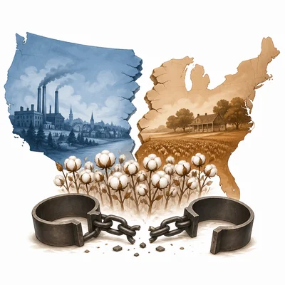 A divided map-like scene with cotton plants and broken shackles symbolizing slavery and national division.