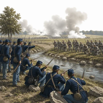 Early Civil War battle scene with Union and Confederate soldiers near a creek and open fields.