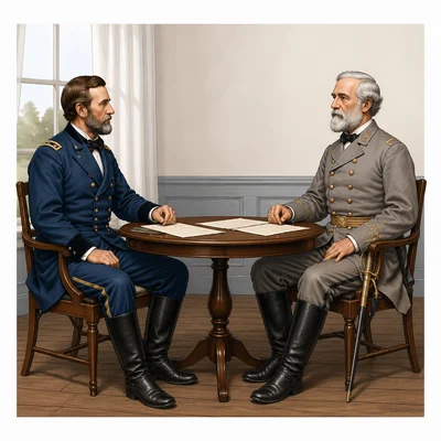 Two Civil War generals sit at a table with papers, representing the surrender at Appomattox.